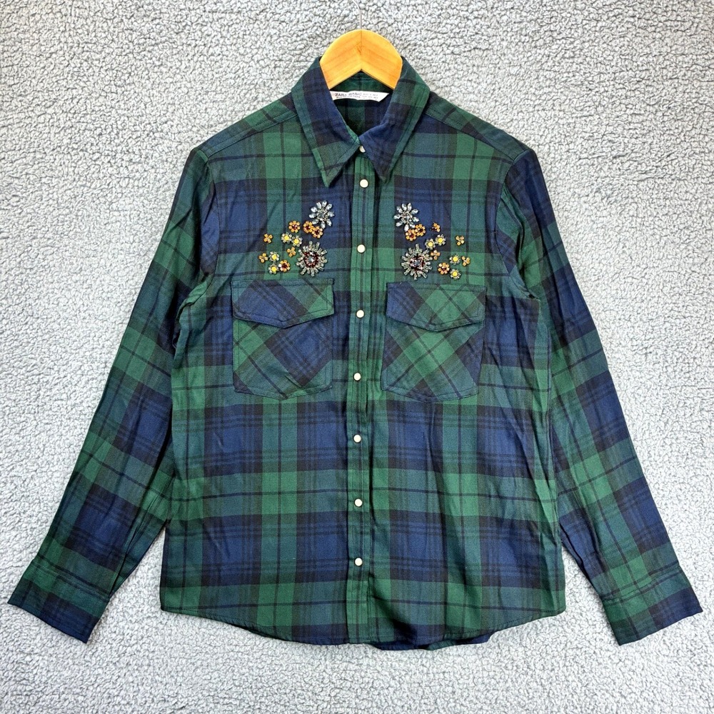 Zara Basic Plaid Embellished Shirt Women's Medium Green Blue Bead Flannel Casual